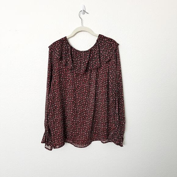 [LOFT] Red Black Floral Print Ruffle Neck Long Sleeve V-Neck Blouse Size Large L - Picture 2 of 11